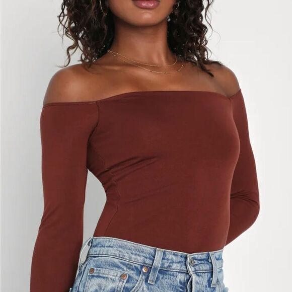 Lulus Easy Stunner Off-the-Shoulder Long Sleeve Bodysuit Cognac L NWT IN PKG - Picture 1 of 9